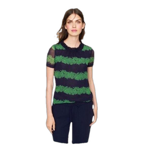 J. CREW Silk Ruffle Sheer Floral Blue/Green Beanstalk Stripe Print Blouse Size 0
